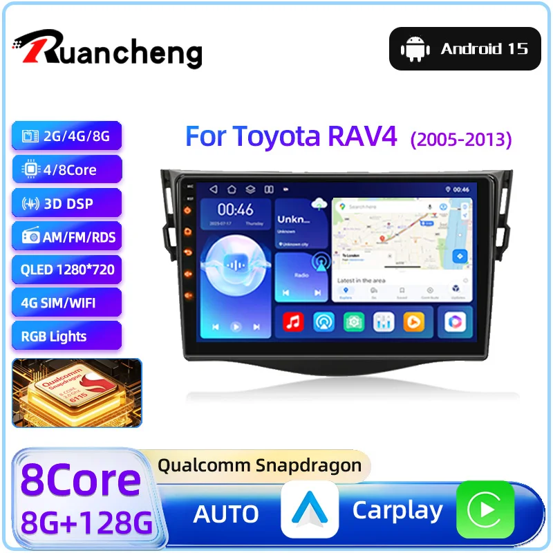2026 Neues 2-Din-Autoradio, Snapdragon Android 15, unterstützt CarPlay und Android Auto, geeignet für Toyota RAV4 Rav 4 2005–2013