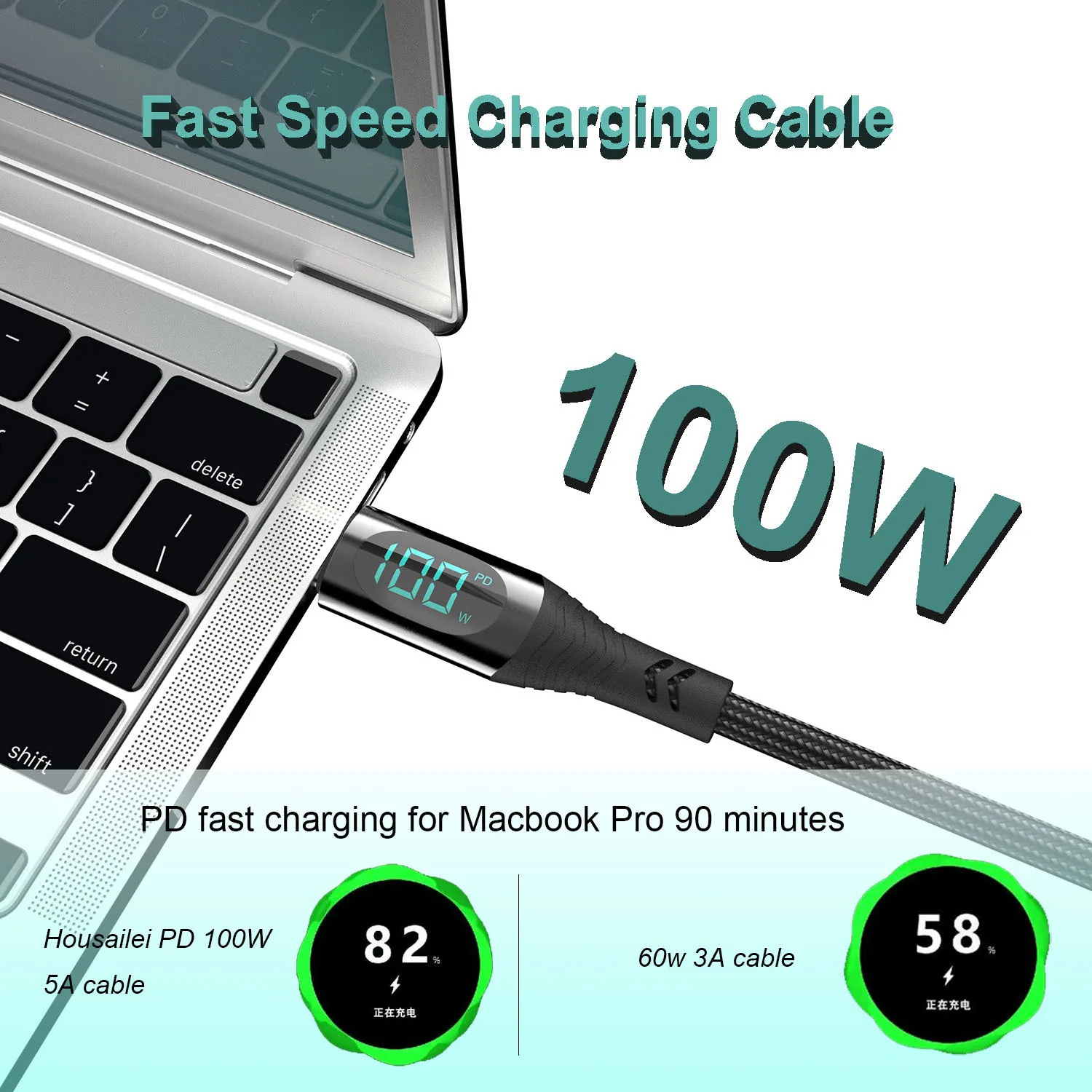 디지털 디스플레이 USB-C to USB-C 100W 고속 충전 케이블 6A 풀 프로토콜 PD 충전기 코드 1.2M 2M 블랙 (타입C 휴대폰용)