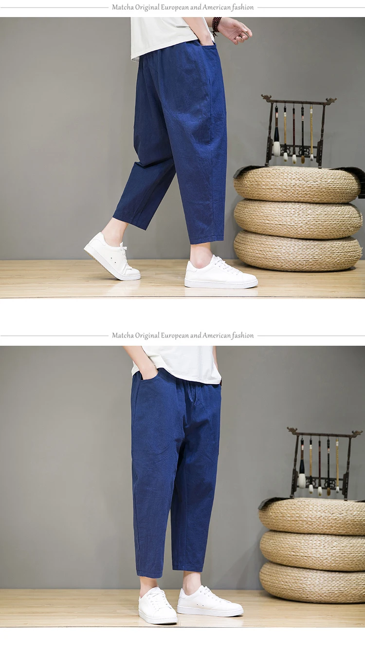 Herren Baumwolle Leinen hose männlich cool Sommer atmungsaktive Harems hose einfarbige Strand hose Yoga tlastic Taille kurze Hose – Detail 15