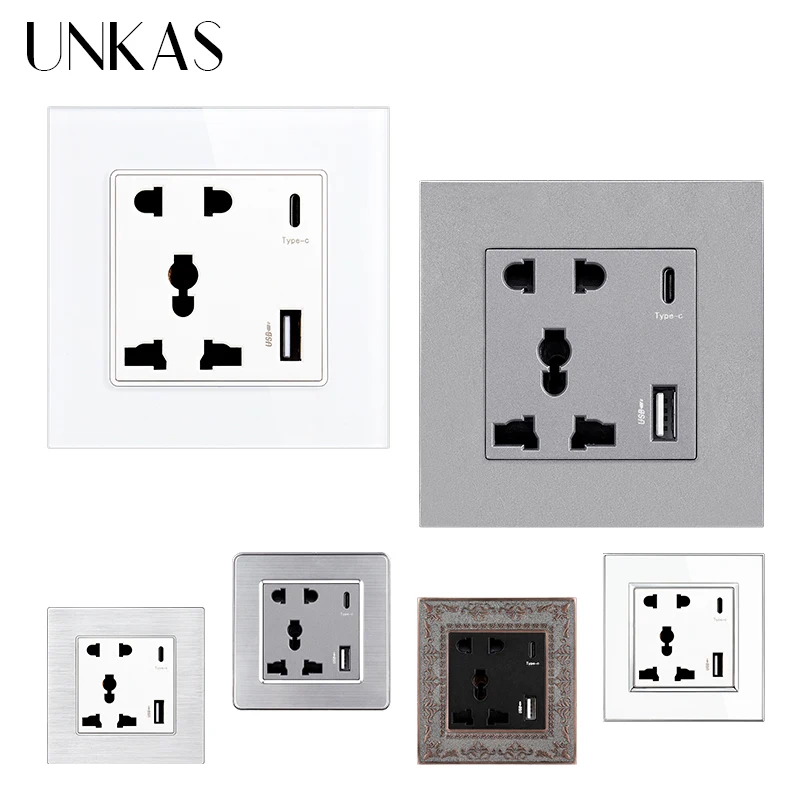 

UNKAS Type-C USB Port Socket 3100mA Smart Quick Charge Glass Plastic Aluminum Stainless Steel Panel Universal 5 Hole Pin Outlet