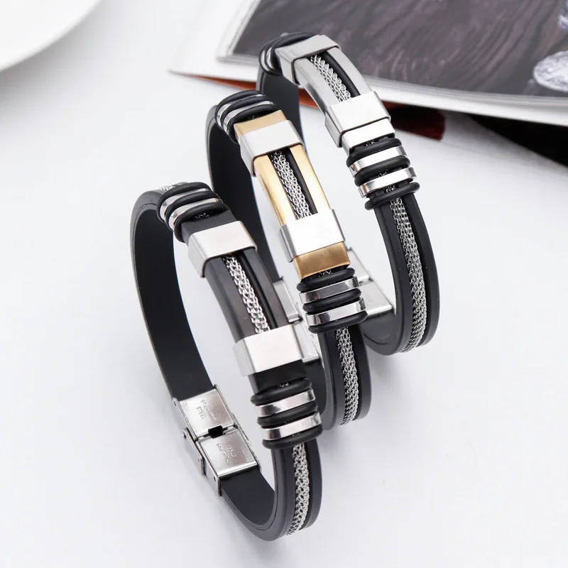 Man Stainless Steel Casual Adjustable Bracelet Waterproof Silicone Bangles Wristband