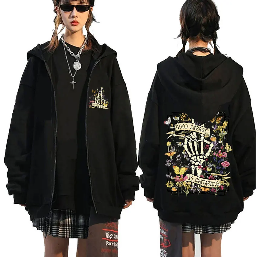 Good Energy Is Contagious Zipper Hoodie Male Fleece Sports Unisex Y2k Zip Up Jacket Men Women Fashion Casual Oversized Hoodies