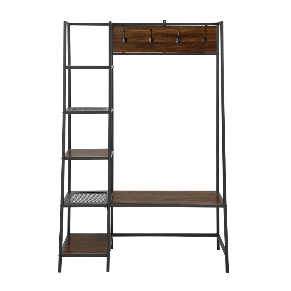 

Modern Hall Tree with Bench and 5 Shelves, Rectangle Bench, Grey Wash