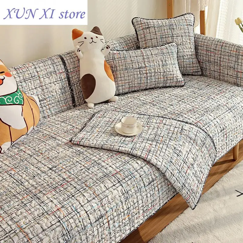 

2023 Grey Sofa Covers Living Room Plaid Stripe Sofa Towel Couch Cotton Non-slip Sofa Slipcover Modern Minimalist Corner Cover