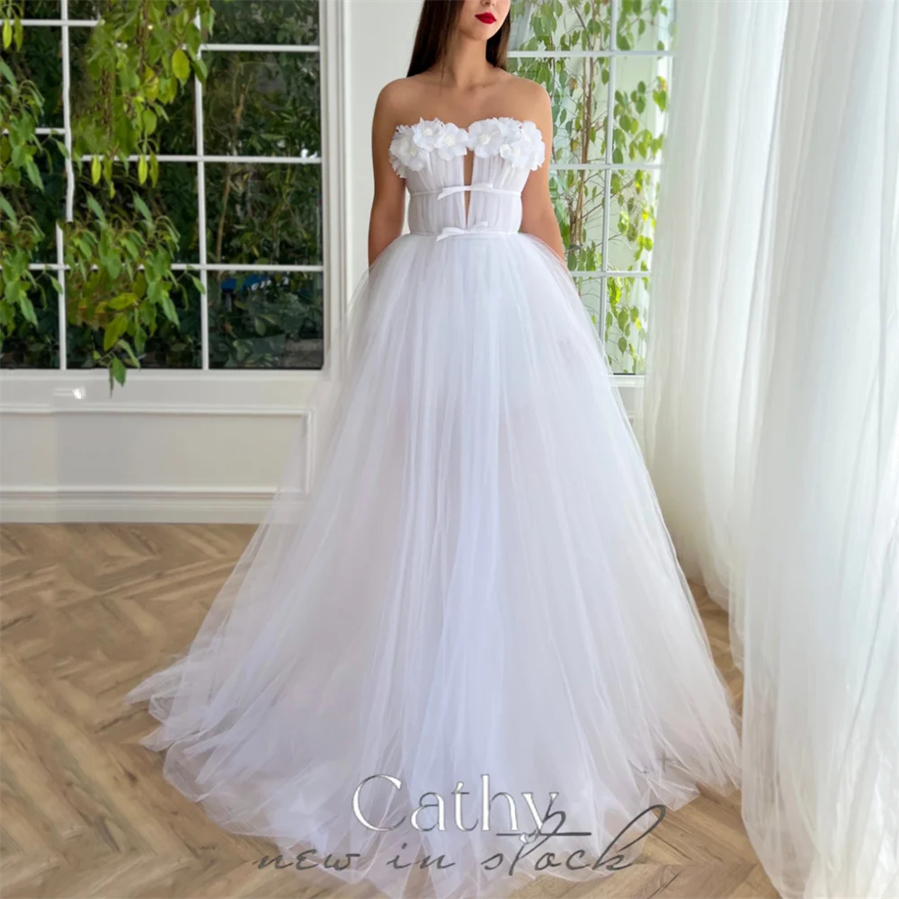 

Cathy Sweet 3D Flower On Chest Vestidos De Noche White A-line فساتين السهرة Elegant Strapless Prom Dress With Pocket