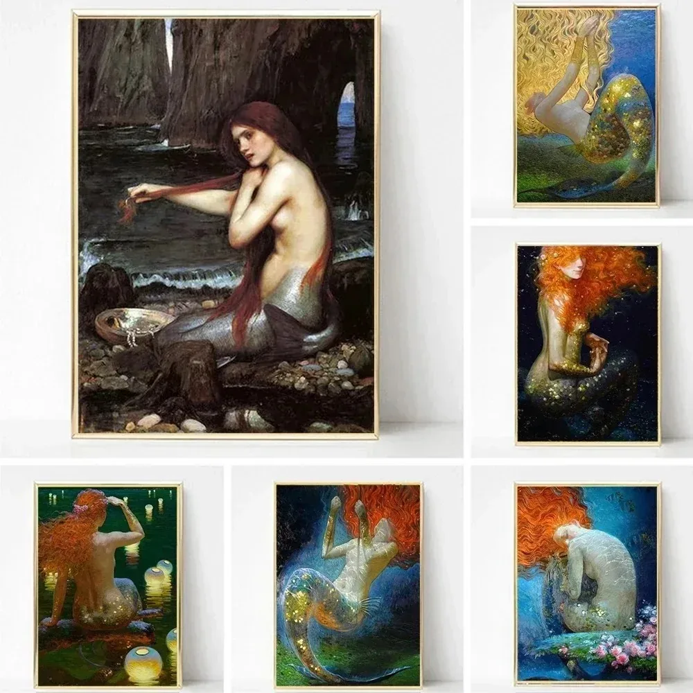 Abstract Canvas Wall Art Posters Mermaid John William Waterhouse Portrait  Prints for Living Room Painting HD Home Decor Picture - AliExpress, image size:1000x1000