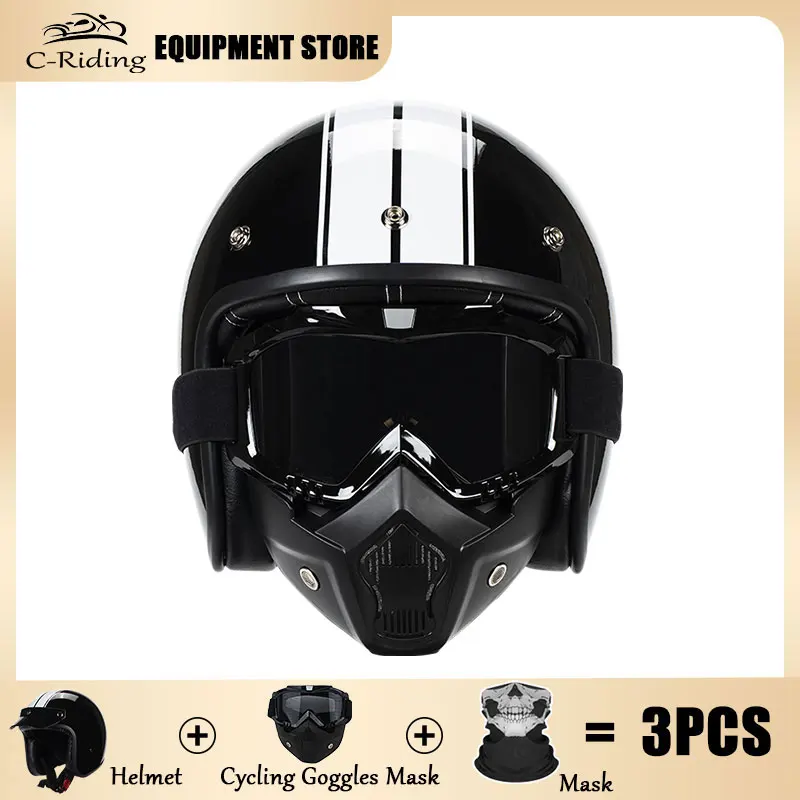 

Bright Black with Open Face Motorcycle Helmet Retro Scooter Riding 3/4 Jet Casco Moto Capacete with Mask Open Face