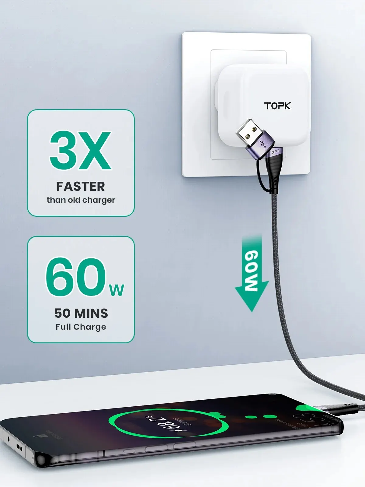 TOPK 60W 2 IN 1 USB Type C Cable PD Fast Charging Data Cord for