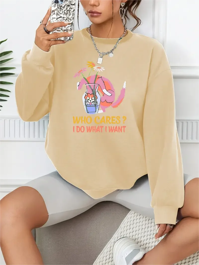 Who Cares Print Pullover Casual Loose Fashion Long-Sleeved Sweatshirt Solid Color Women's Clothing