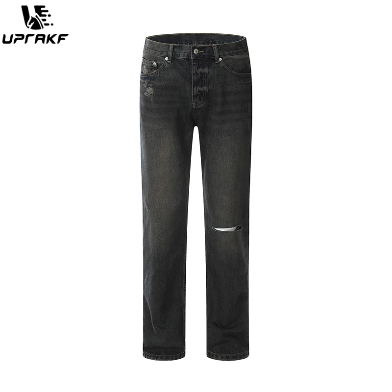 UPRAKF Straight-leg Streetwear Loose Ripped Jeans Basic High Street Casual Pocket Fashion Cargo Pants Harajuku
