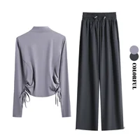 DRUR 2 pièces ensemble de Yoga pour les femmes avec manches longues côté cordon haut de sport et pantalons de survêtement costume automne course tenues de gymnastique S-3XL 2