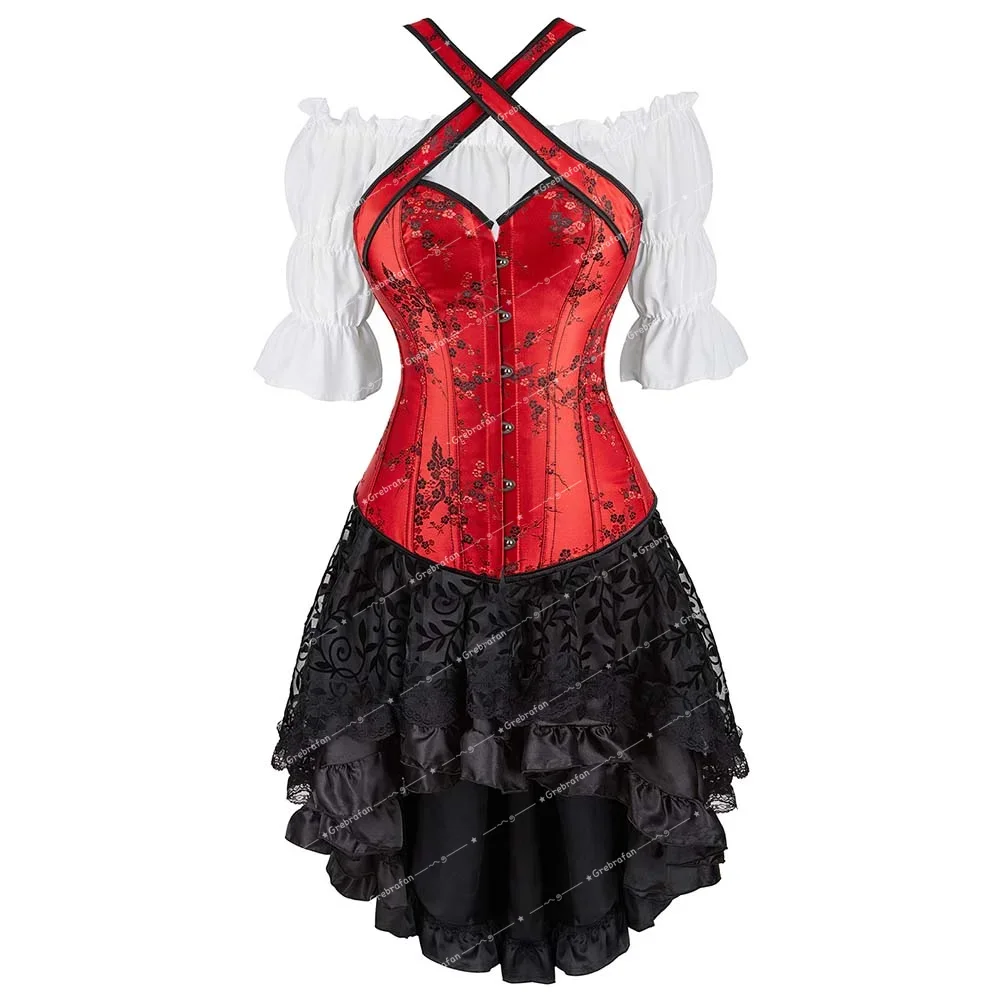 Elegant Women's Corset Bridal Corsets Floral Embroidery Bustiers Wedding 3 Piece Set Burlesque Dance Party Costumes Plus Size