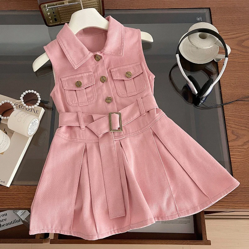 Summer Girls Denim Dress Belt Decoration Lapel Collar Sleeveless Tutu Princess Dress For 2-10 Years Kids Fashion girls dress princess costume children dance suit
