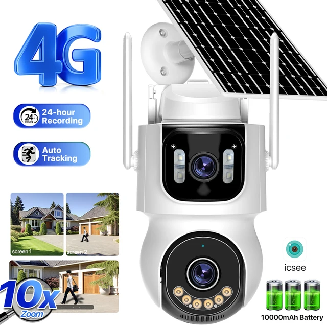 4G Solar Camera SIM Card 24/7 Recording 10X Zoom Three Screen Camera Built-in Battery 4MP WIFI Camera PIR Human Detect iCSee 1