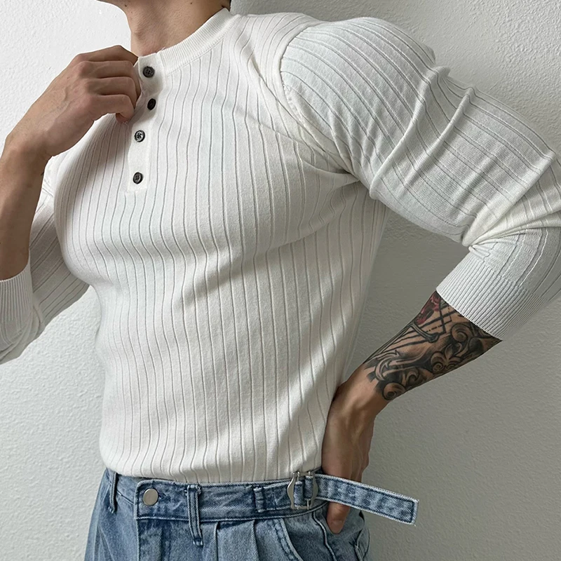 

2024 Spring Casual Mens T Shirt Knitwear Solid Color Buttoned Crew Neck Knit T-shirts For Men Vintage Knitted Pullover Male Tee