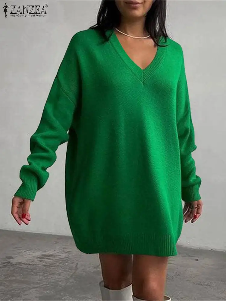 

Модный Свитшот оверсайз ZANZEA, повседневный свободный Однотонный свитер, Женский Длинный пуловер с V-образным вырезом, универсальные Топы с длинным рукавом, зима 2023