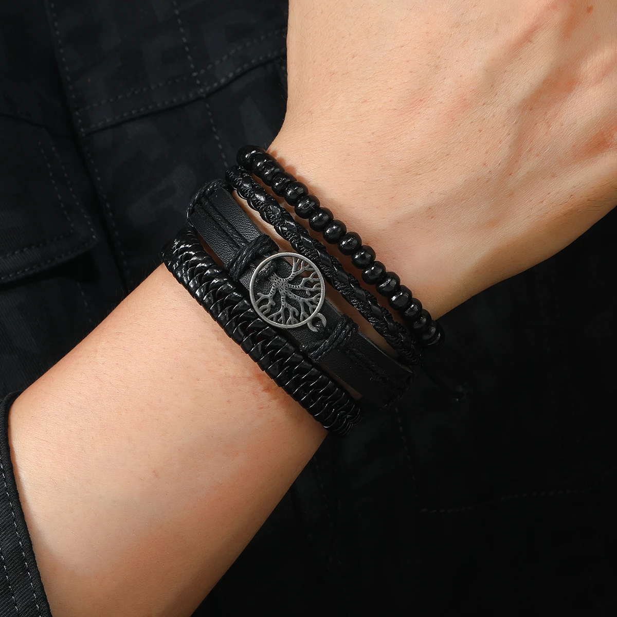 Men Leather Bracelet Tree of Life PU Leather Wood Beads Multi layer Woven Pull Cord leather bracelet,leather bangle