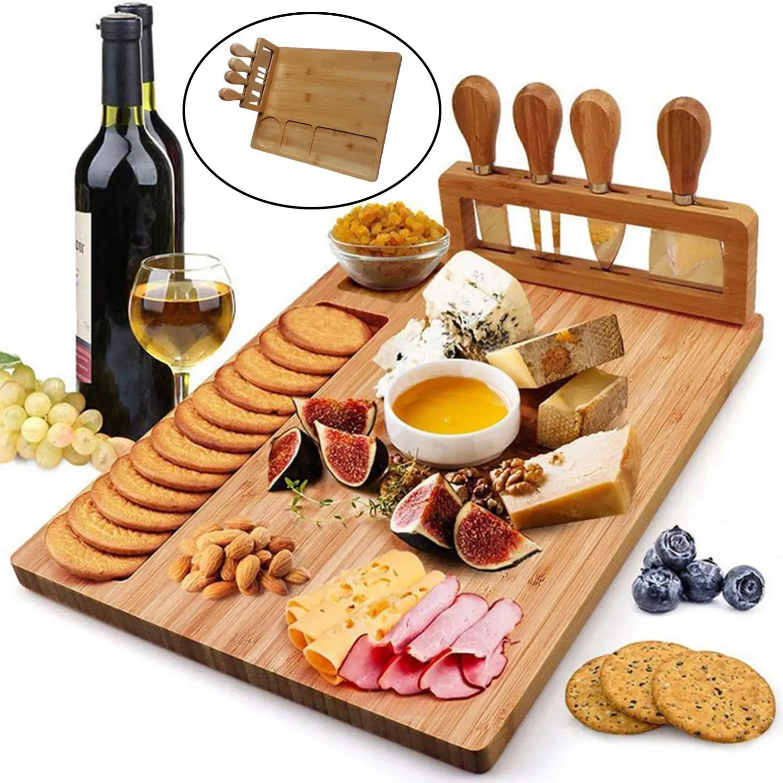 Cheese Board Set Bamboo Handmade Serving Utensils Wooden Cheese