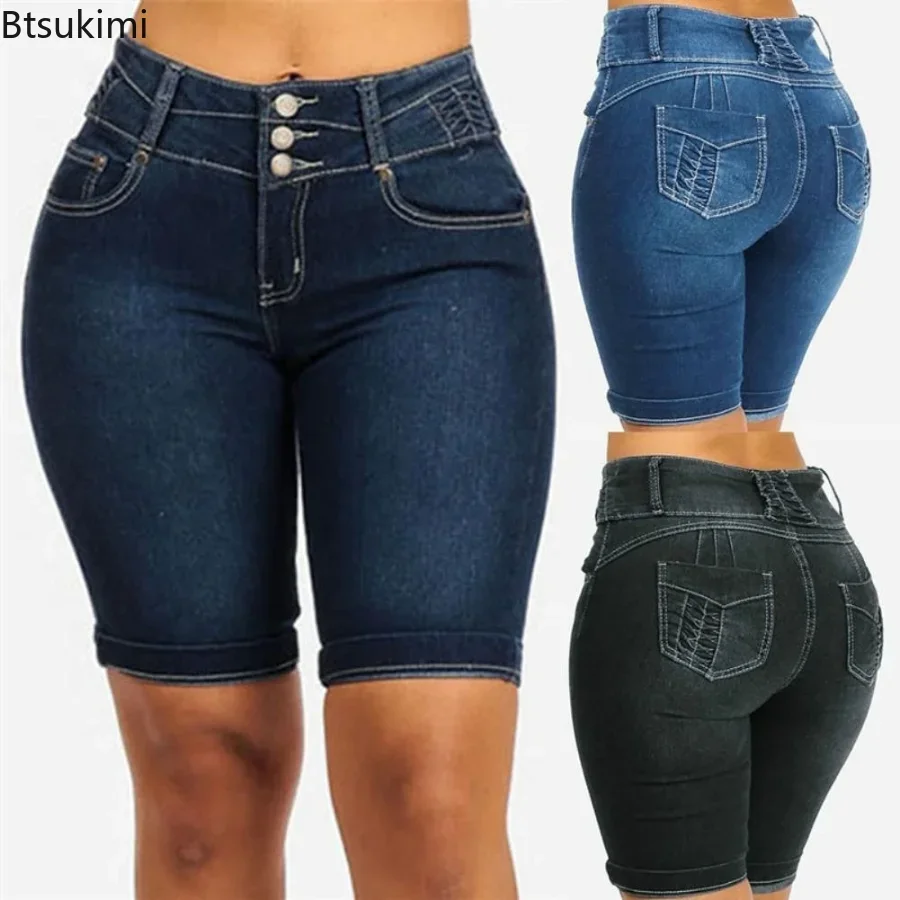 New 2024 Women's Summer Oversized Denim Shorts High Elastic Slims Bodycon Knee Length Shorts Skinny Denim Shorts Female Jeans цена и фото