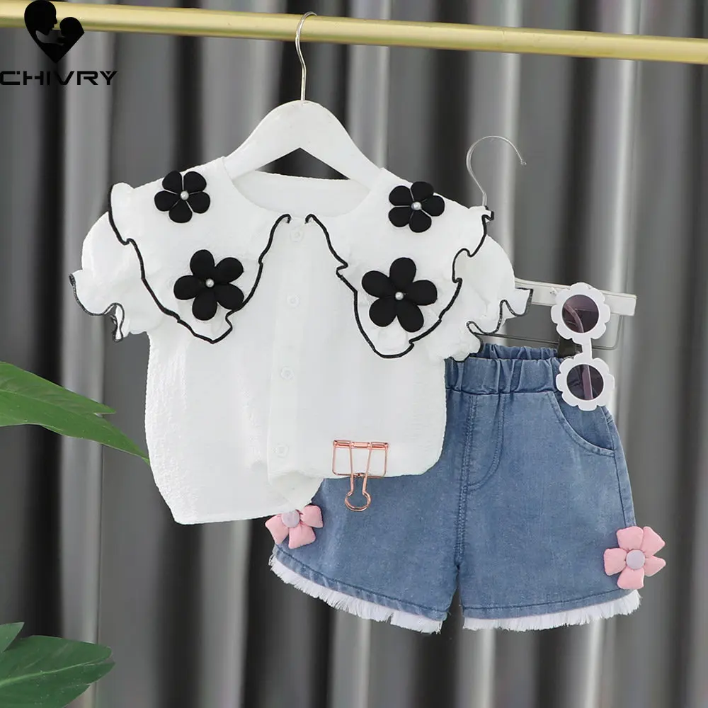 

Summer Girls Clothing New 2023 Baby Girl Short Sleeve Flower Lapel Shirt Tops with Denim Shorts Toddler Two-piece Clothes Sets