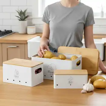 Contenitore per la conservazione classificata di aglio, cipolle e patate da cucina con coperchio ventilato, contenitore salvaspazio impilabile per alimenti 2