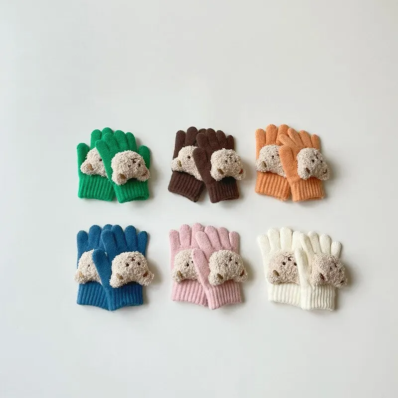 Cartoon Bear Baby Knitted Gloves Autumn Winter Warm Full Finger Mittens for Boys Girls Solid Color Soft Comfortable Cute Childre