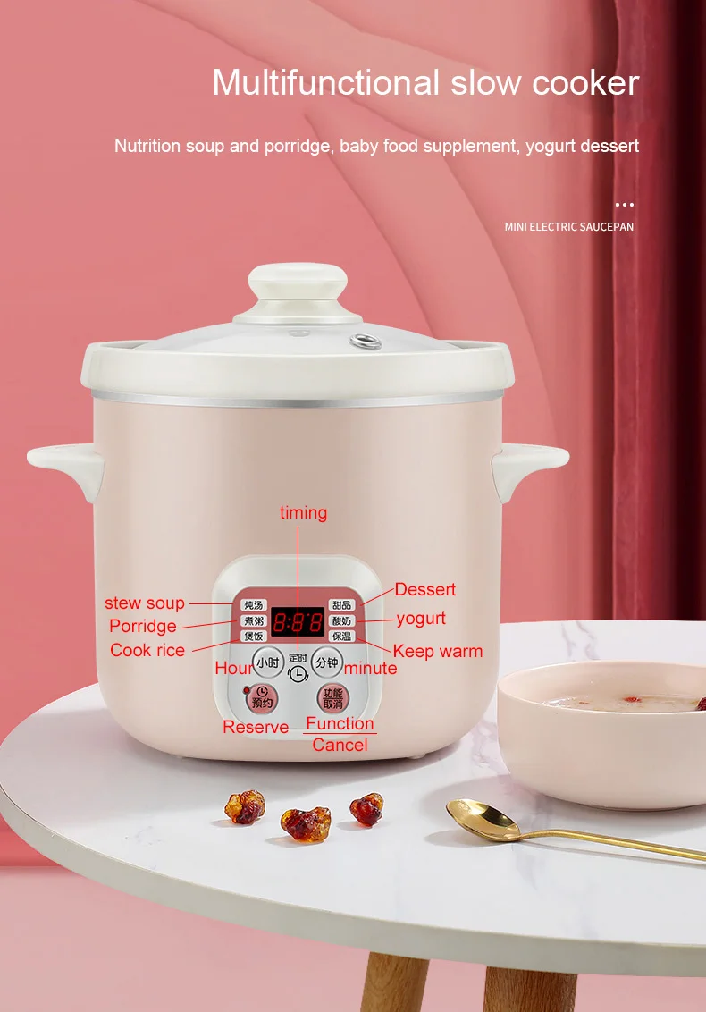 110V/220V Household Electric Smart Slow Cooker White Porcelain Porridge Soup Stewing Machine Time Control Baby Food Steamer 1.5L 6