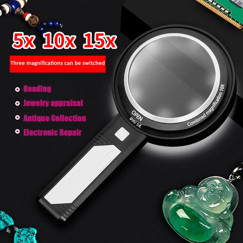 2 Handheld Magnifying Glass with 5 LED Light Magnifier Jewelry Loupe Lens Menu, Size: 4XL, Blue