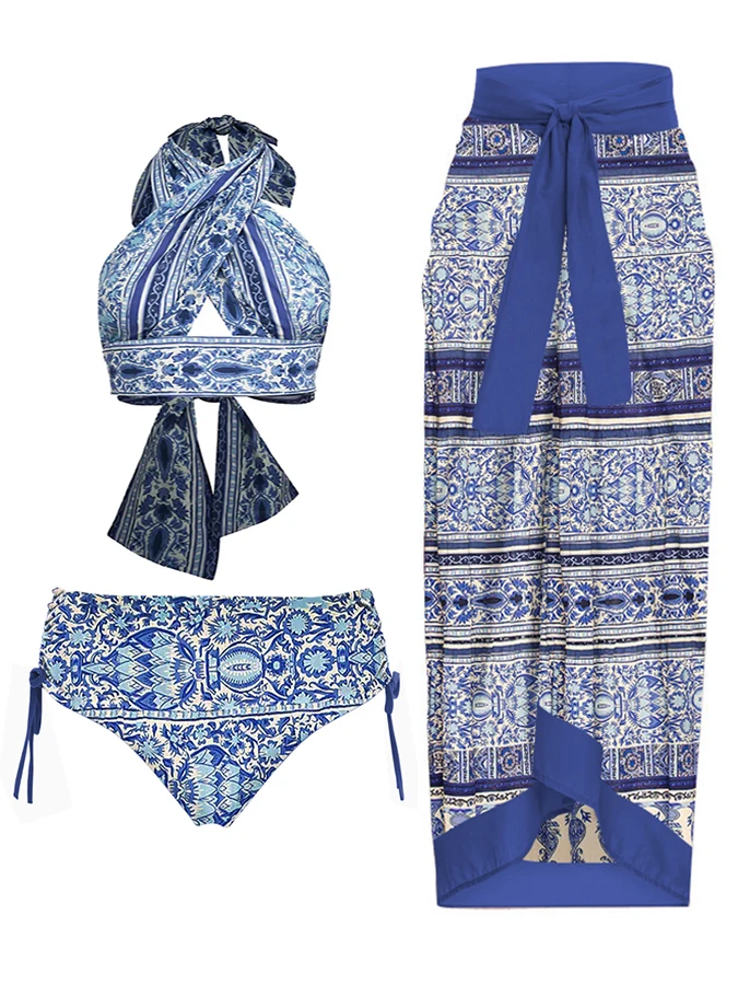 

2023 Women Swimsuit Drop Shoulder Swimwear Geometric Print Bikini Halter Round Neck Backless Push Up Bathing Suit And Cover Up