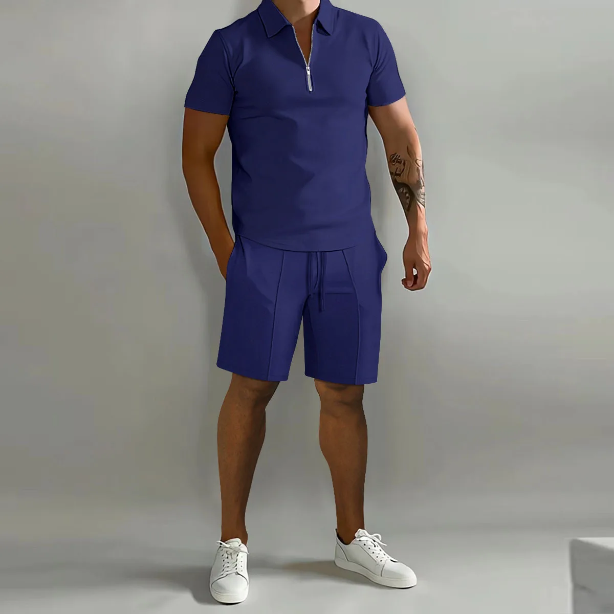 Summer new men's fashion trend fitness sports loose short sleeve shorts suit men's casual solid color POLO shirt