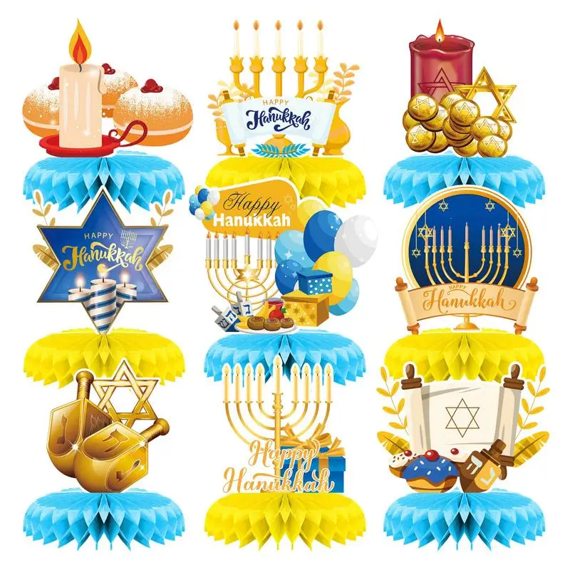 

9pcs Jewish Hanukkah Supplies Chanukah Honeycomb Paper Table Toppers Centerpieces Holiday Festival Hanukkah Party Decorations
