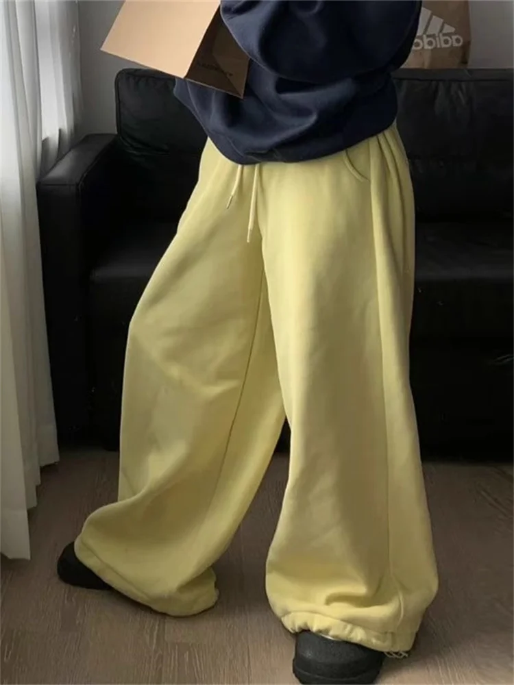QWEEK Y2K Yellow Fleece-lined Sweatpants Women Korean Fashion Winter Pink Brushed Pants Oversized Harajuku Gray Jogger Trousers