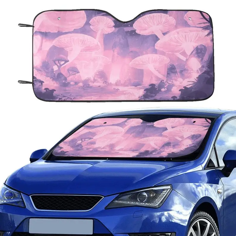 

Pink Mushroom Forest Car Windshield Sunshade Kawaii Aesthetics Window Sunscreen Cute Purple Fantasy Accessories Car Decoration