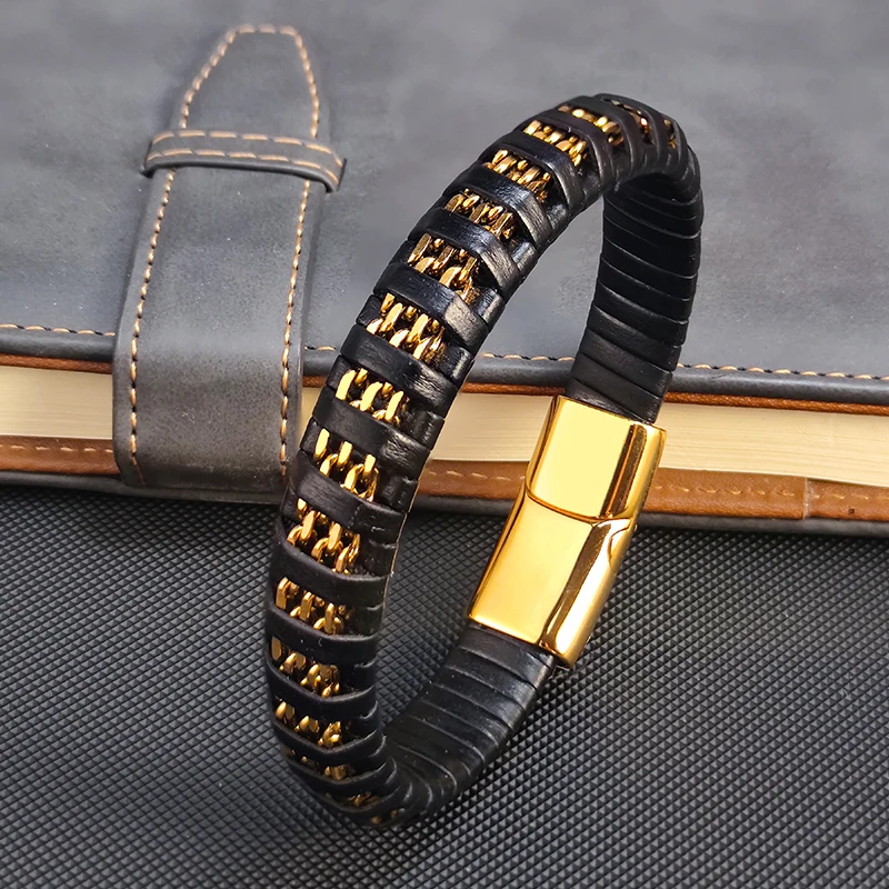 Neue Mode 8mm Kette Curb Cuban Link Charme Leder Armbänder Männer Edelstahl Magnet Verschluss Hand Armband Homme männer geschenke