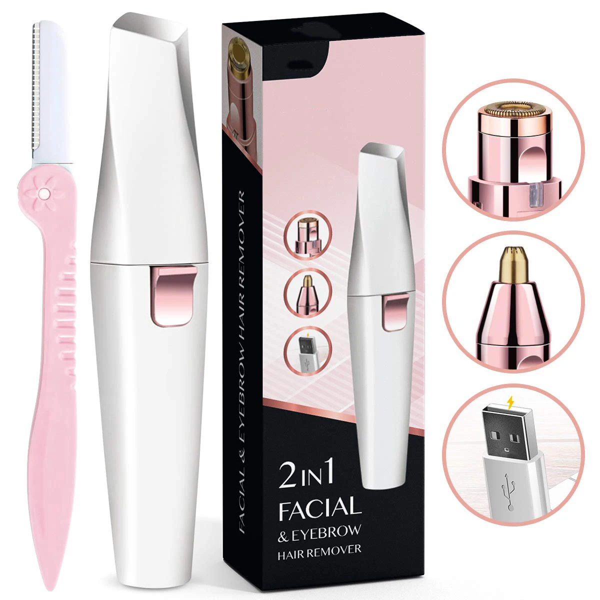 Eyebrow Trimmer 2 in1 USB Rechargeable Facial Hair Remover For Women & with Built in LED Light-Remove  For Facial Hair 4