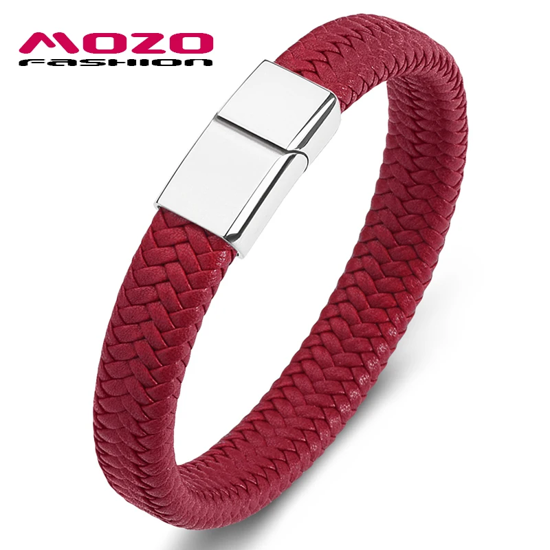 MOZO FASHION Punk Men Jewelry Red Braided Leather High Quality Bracelet Stainless Steel Magnetic Clasp  Women Bangles Gift 161