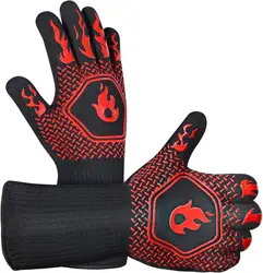 FlameGuard High - Temperature Resistant BBQ Grill Gloves - Washable Long Oven Mitts for Grilling and Barbecue (Red 2pcs)