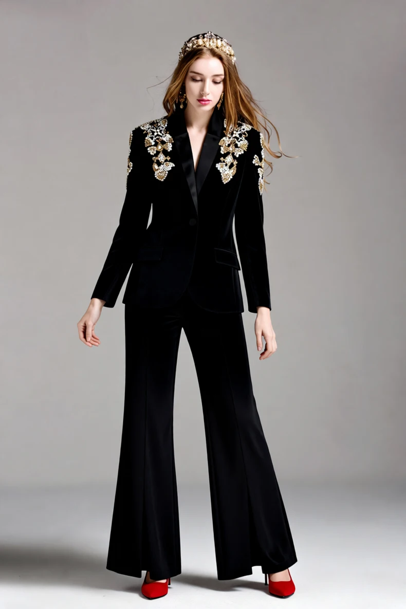 طقم بدلة نسائية سوداء وسراويل واسعة الساق مكون من...