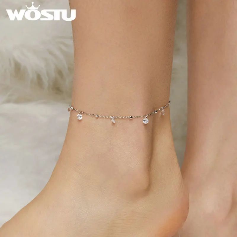 WOSTU 925 Sterling Silver Dazzling Zircon Ankle White Gold Plated Thin Chain Adjustable for Women Fine Jewelry Party Daily Gift