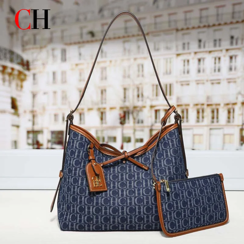 Borsa hobo in denim stampato 2 in 1 CH per donna con mini portafoglio, decorazione a fiocco, borsa a tracolla di grande capacità, borsa a mano di design per tutti i giorni