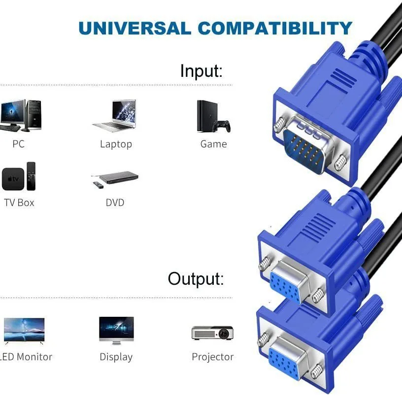 VGA Splitter Cable 1080P Dual VGA Monitor Y Cable 1 Male to 2 Female Adapter for Screen Duplication for Projectors HDTVs vga cable adapter vga cable
