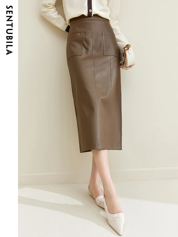 SENTUBILA Split Faux Leather Skirt Women 2023 Autumn Winter Elegant Female Coffee Straight Midi Pu Skirt Patch Pockets 133Q51119 women summer waistcoat sleeveless business vest coat solid color pockets single button straight formal ol style commute coat