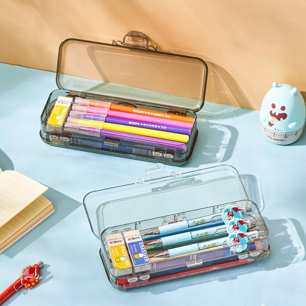 

Clear Pencils Box New Removable Ruler Dividing With Snap Lid Pen Case Double Deck Large Capacity Stationery Box Students