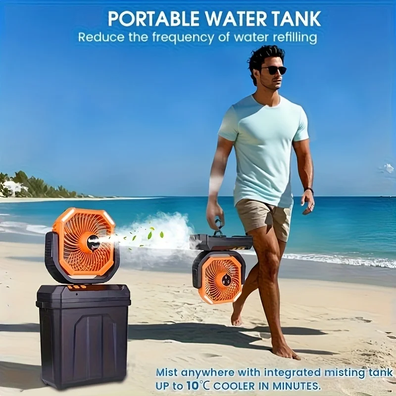 พัดลมสเปรย์กลางแจ้ง พัดลมแคมป์ปิ้ง แบตเตอรี่ 20000mAh ชาร์จ USB สเปรย์ทําความเย็นพร้อมถังน้ําความจุขนาดใหญ่ ที่จับแบบพกพา 1