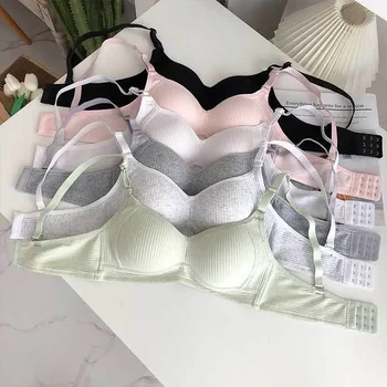 Full Cotton No Steel Ring Bra for Women Summer Breathable Light Color Plus Size Bras Girls Gathered Chest Lift Fashion Underwear 1