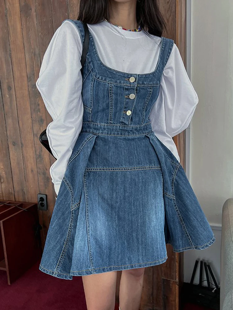 2023 New Vintage Big Hem Jeans Dress Mini Women Korean Fashion Sexy Above Knee High Waist Denim Dress Female Buttons Vestidos