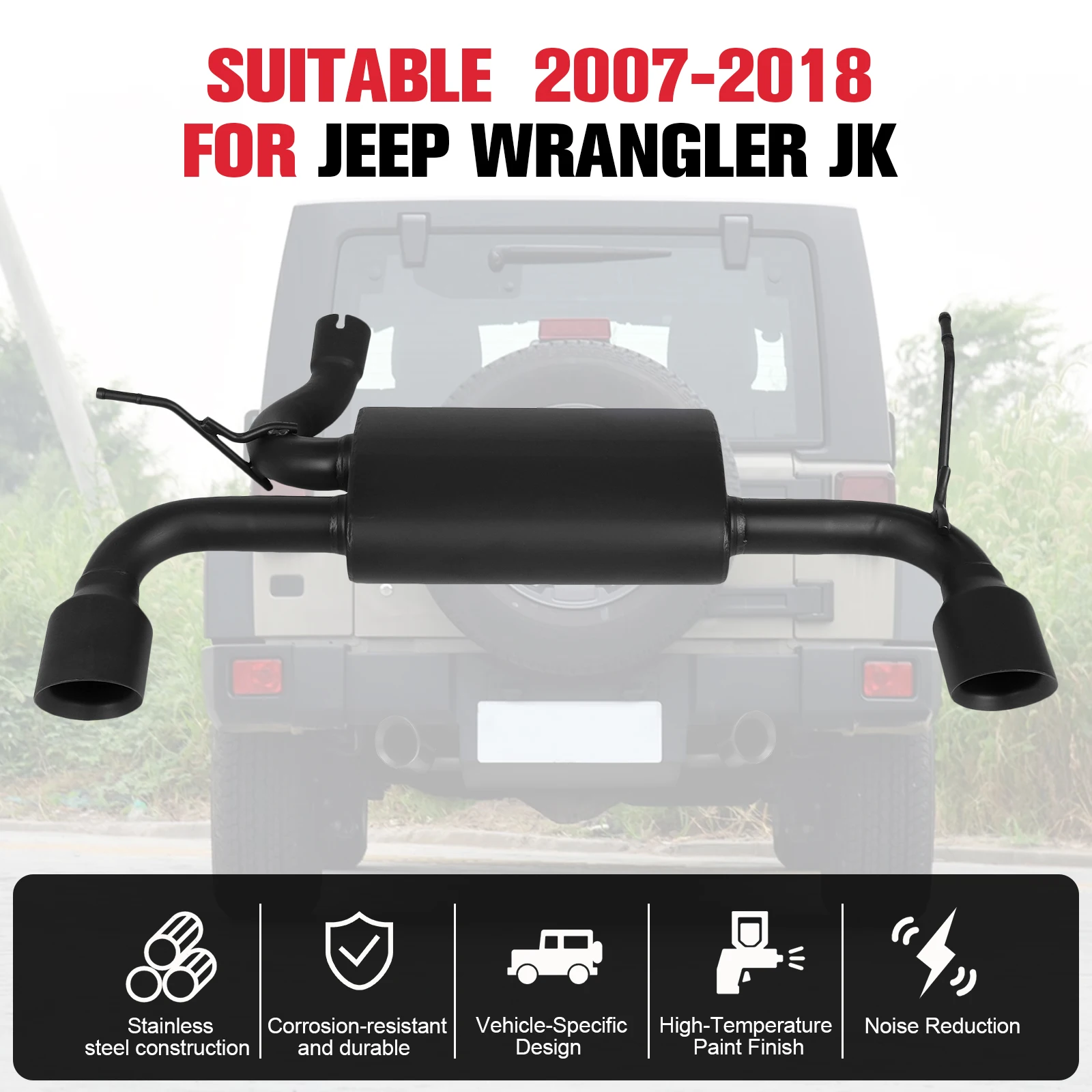 Steel Black Rear Exhaust Muffler System Kit for Jeep Wrangler JK