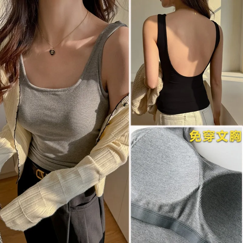 Women's Summer Sling Vest Top with Chest Pad & Beautiful Back - Modal Square Neck Halter Sleeveless