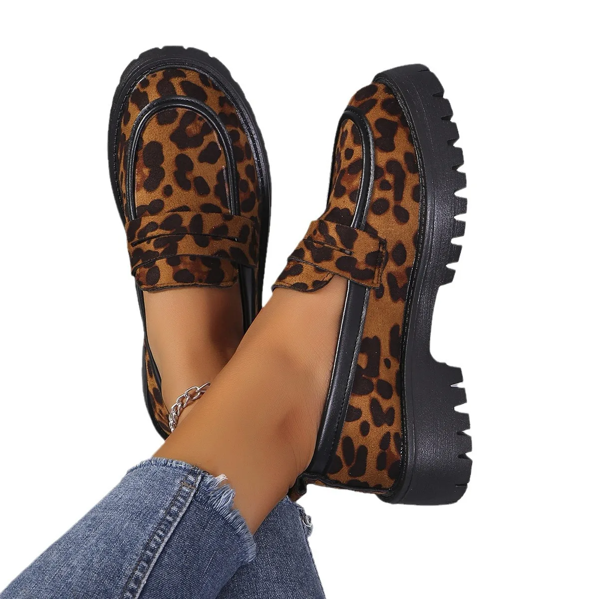 Women's Fashion Leopard Patchwork Slip-on Loafers Chunky Heel Platform Flats 2024 New Moccasins Casual Shoes Plus Size Zapatos 5