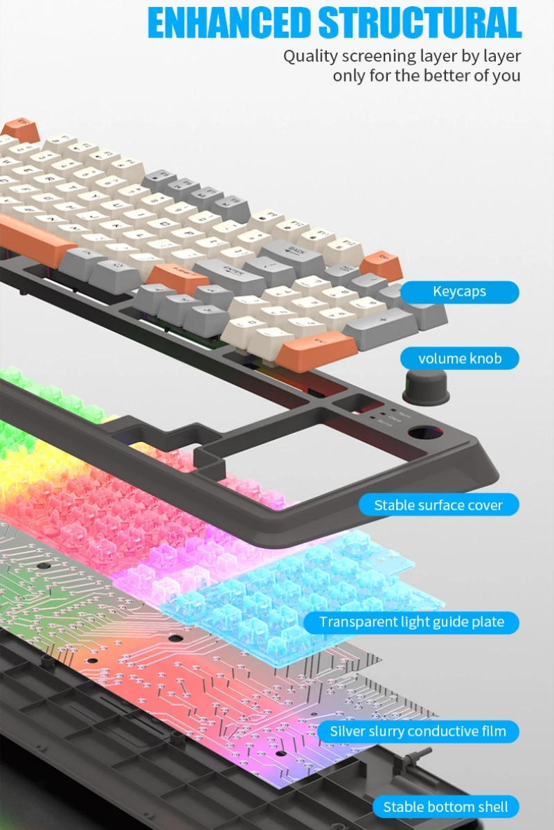 한국어 키보드 94 키 90% 레이아웃 스페인어 러시아어 한국어 아랍어 키보드 USB 유선 RGB 라이트 볼륨 손잡이 인체 공학 게임 사무실 K82